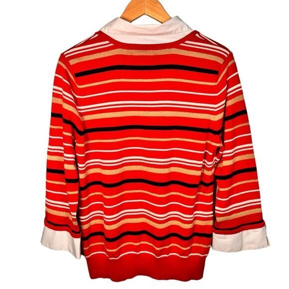 Notations Red Striped Gold Glitter Detail Collared Pullover Sweater. 2X. Plus. - Picture 3 of 7
